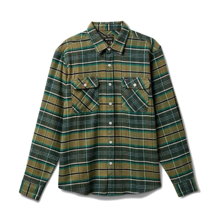 * Best Price Brixton Bowery Stretch Water Resistant L/S Flannel Olive Surplus/Spruce/Black Men'S Shirts